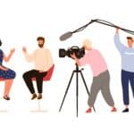 Talk show studio with interviewing, discussing hosts. People recording tv program, cameraman, journalists at work. On air news. Flat vector cartoon illustration isolated on white background